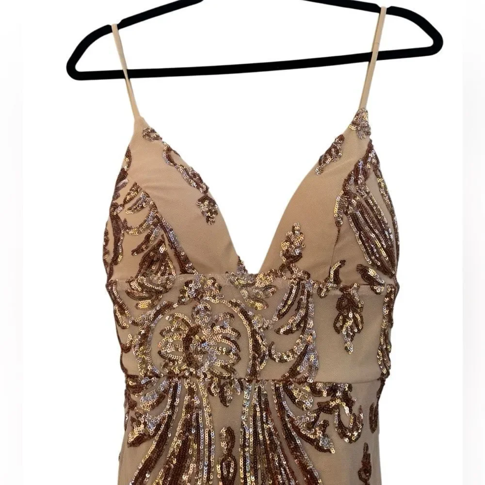 Fashion Nova Women's Rose Gold Neutral Sequin Deep V Mini Dress Size Medium